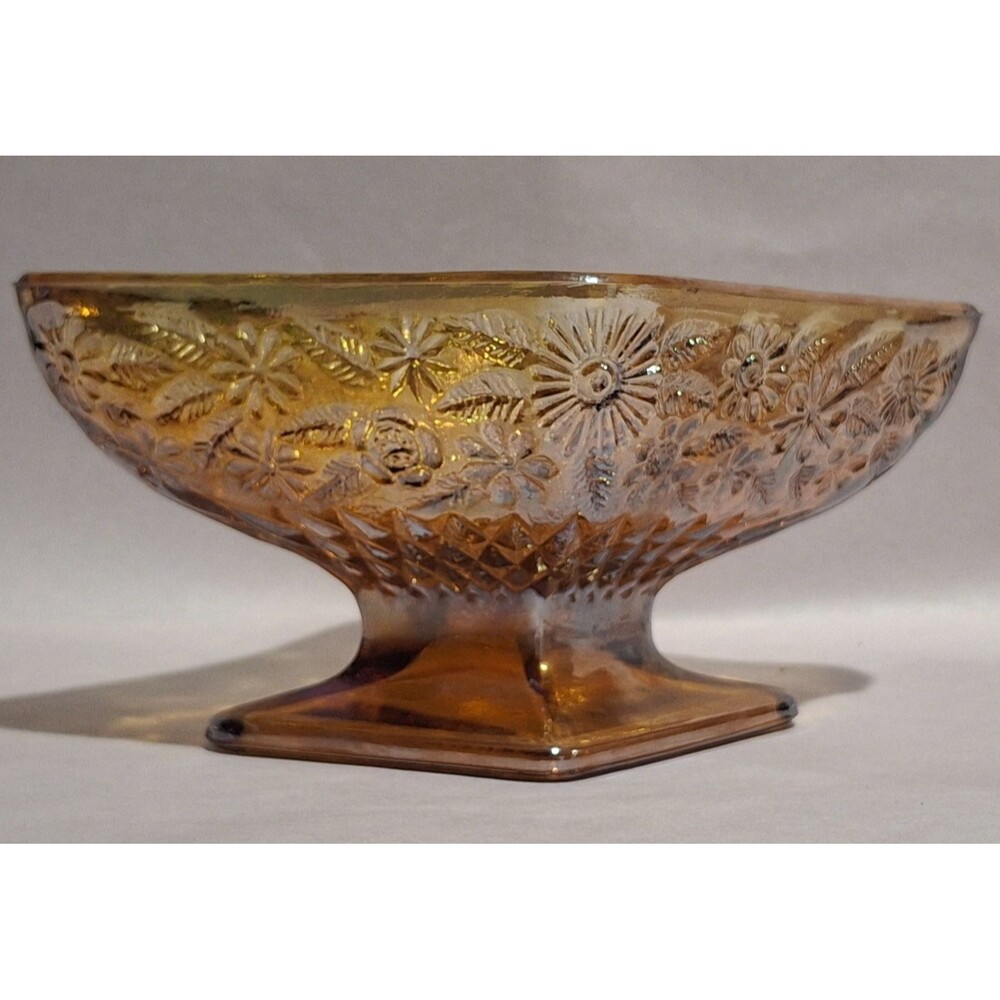 Vintage Indiana Glass Diamond Shape Pineapple & Floral Amber Compote 6.5" #618